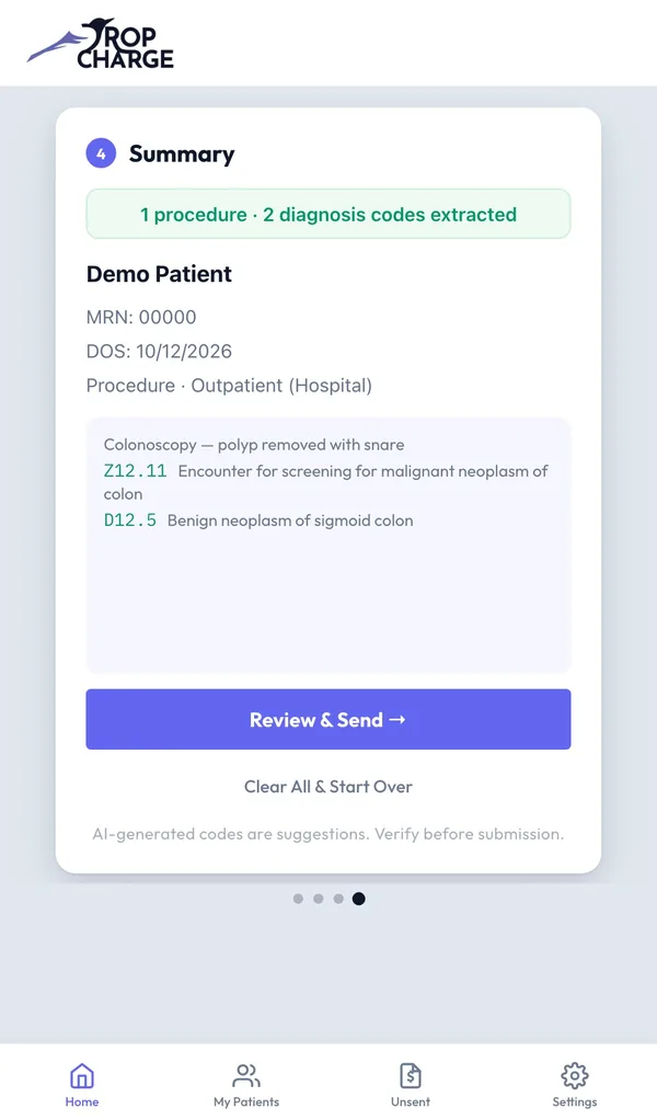 DropCharge in action with sample data: a screening colonoscopy is dictated, the procedure and the diagnosis codes Z12.11 and D12.5 are suggested and reviewed, then composed into a charge-slip email.