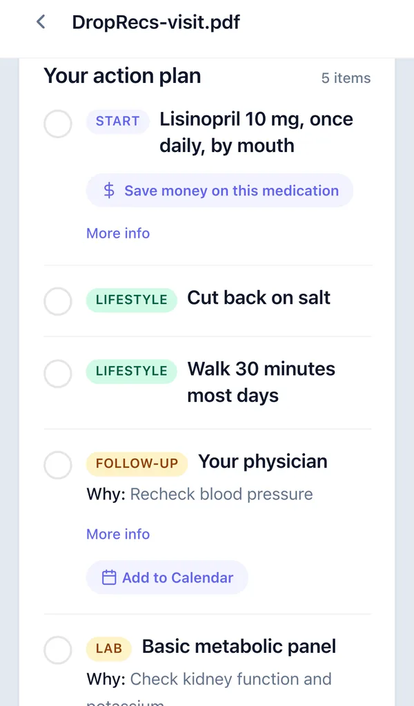 A saved visit in MyDropRecs: the action plan checklist with a new medicine, lifestyle steps, a follow-up visit and a lab test. Synthetic example.