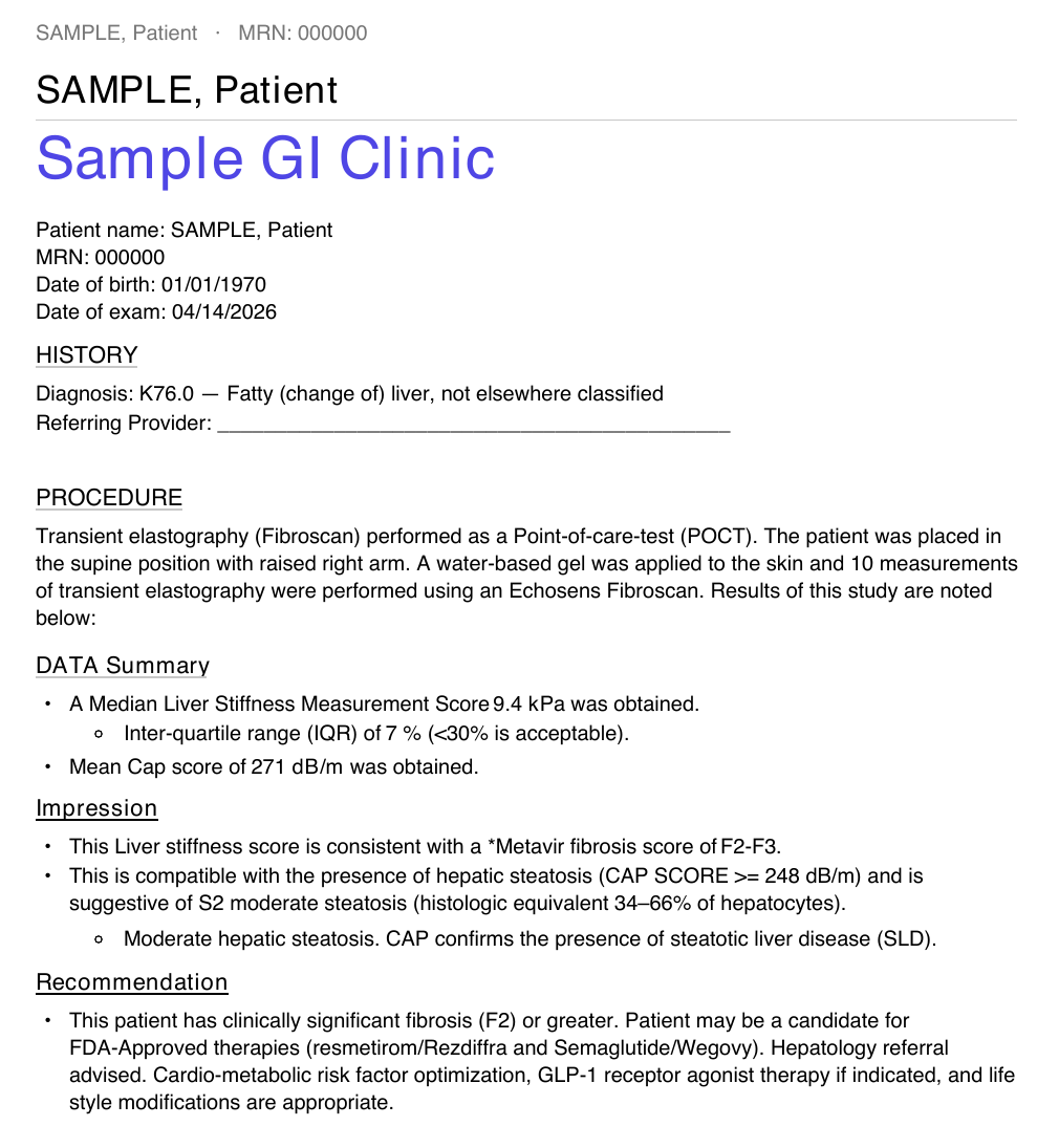 A DropScan report: patient header, data summary with LSM and CAP, impression, and recommendation
